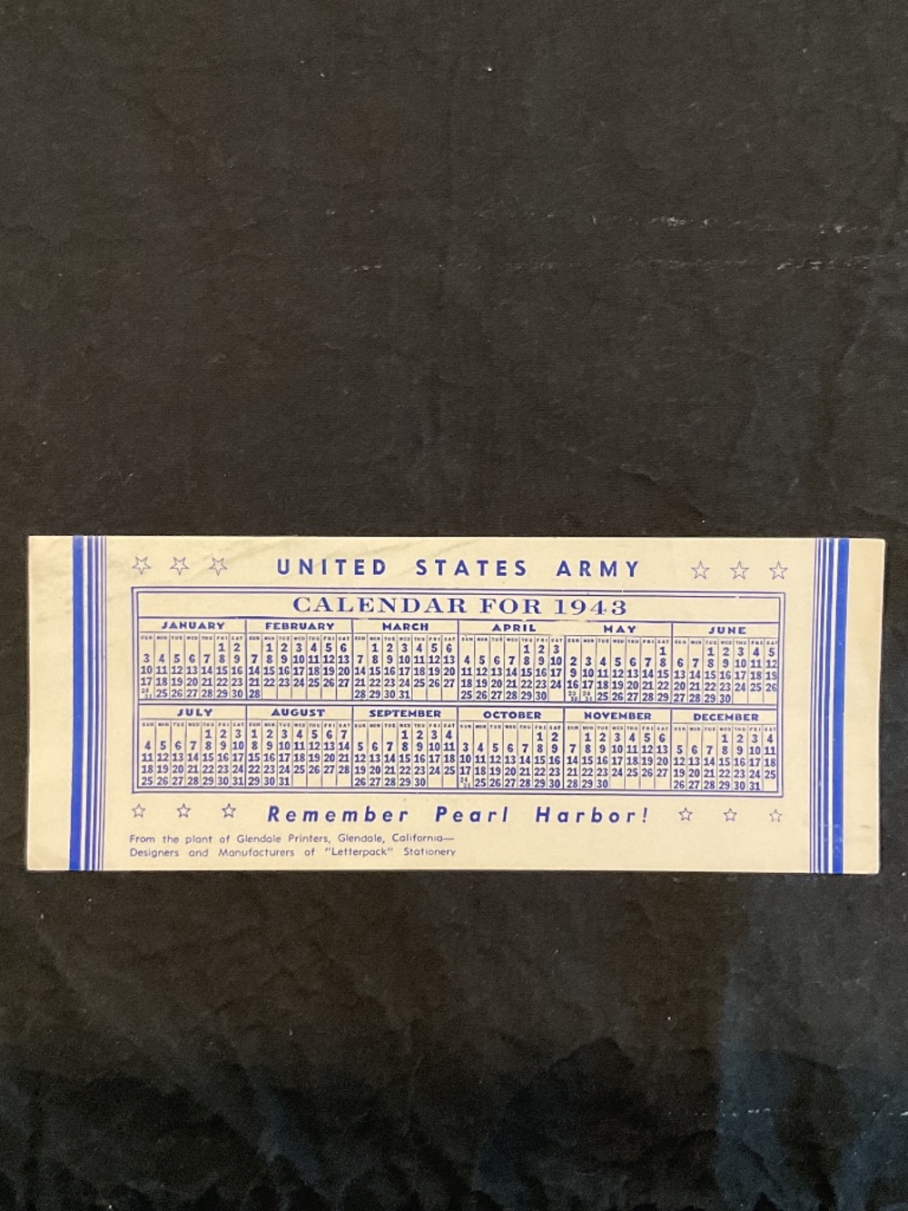 1943 US Army Desk Calendar/Blotter